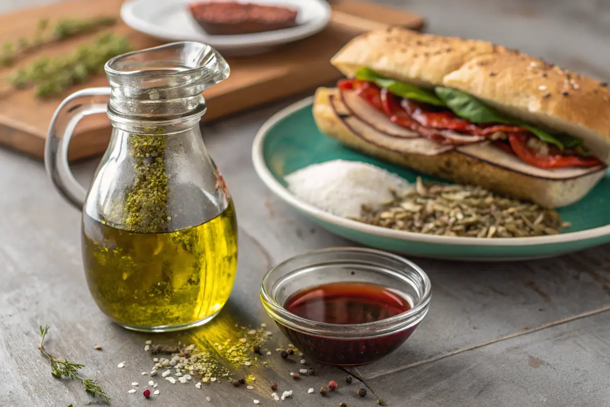 Olive oil, vinegar, and seasonings used in Jersey Mike's signature dressing