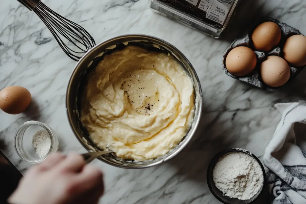 Vanilla paste being used in custard preparation.