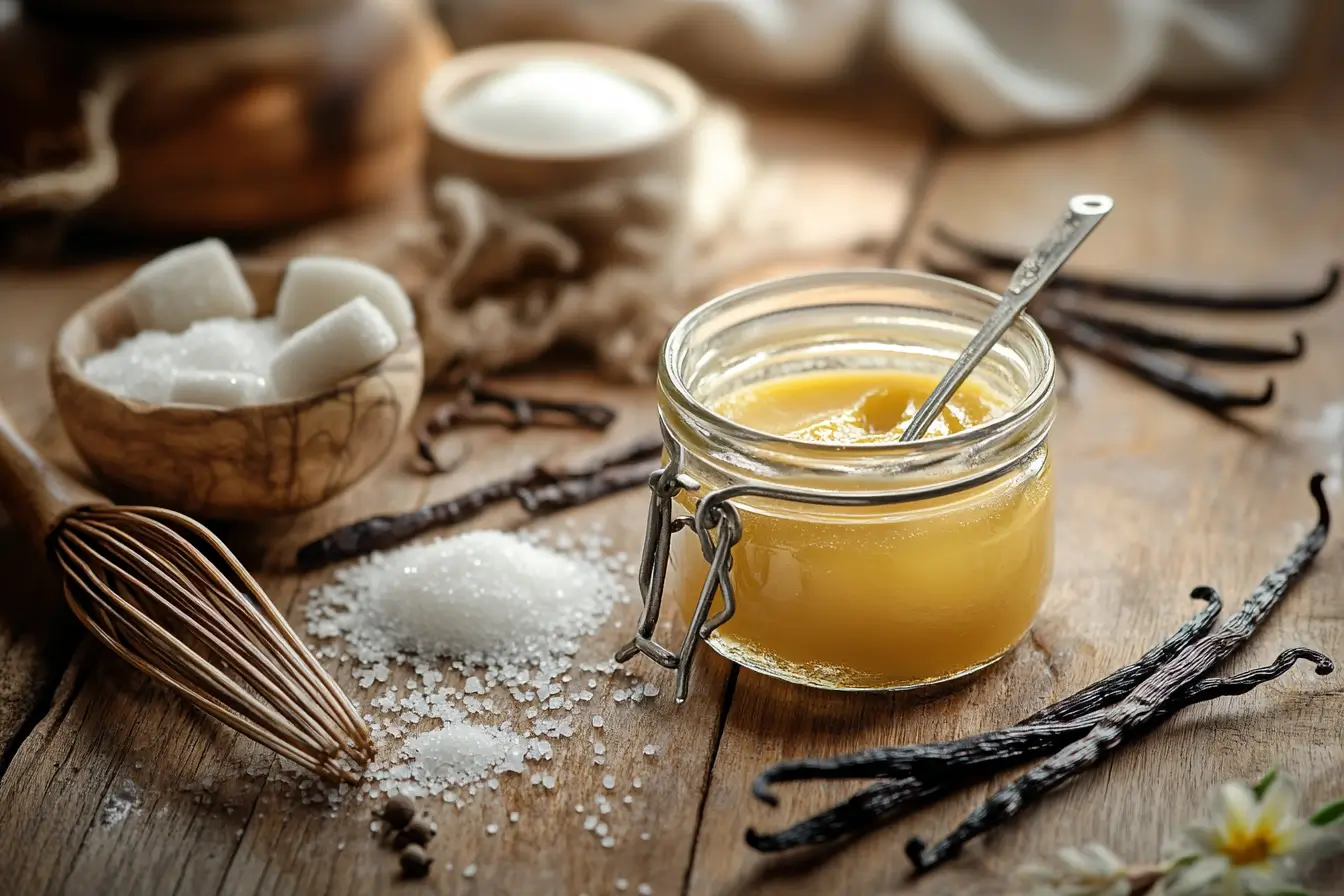 Vanilla paste in a jar with vanilla beans and sugar on a wooden surface.