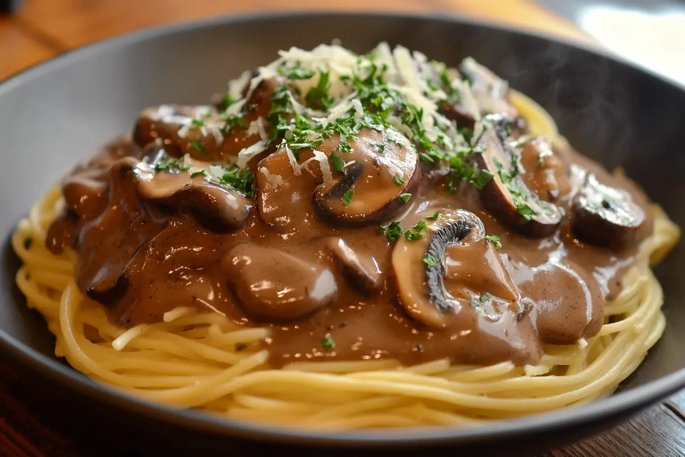  Vegan mushroom stroganoff with shiitake mushrooms and creamy sauce.