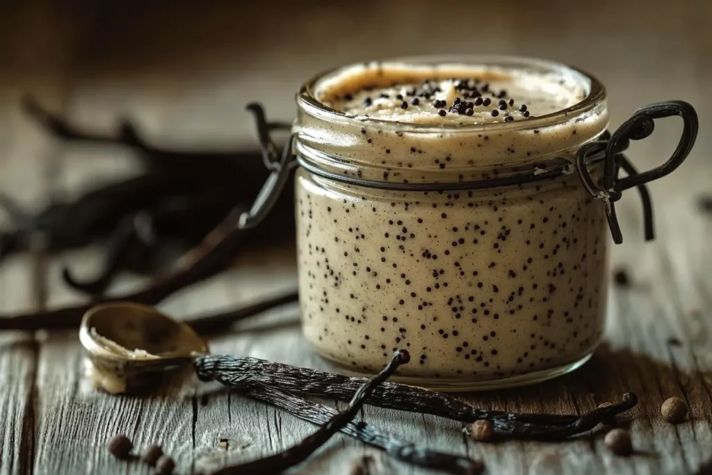 Jar of vanilla paste with visible vanilla bean specks on a rustic table.