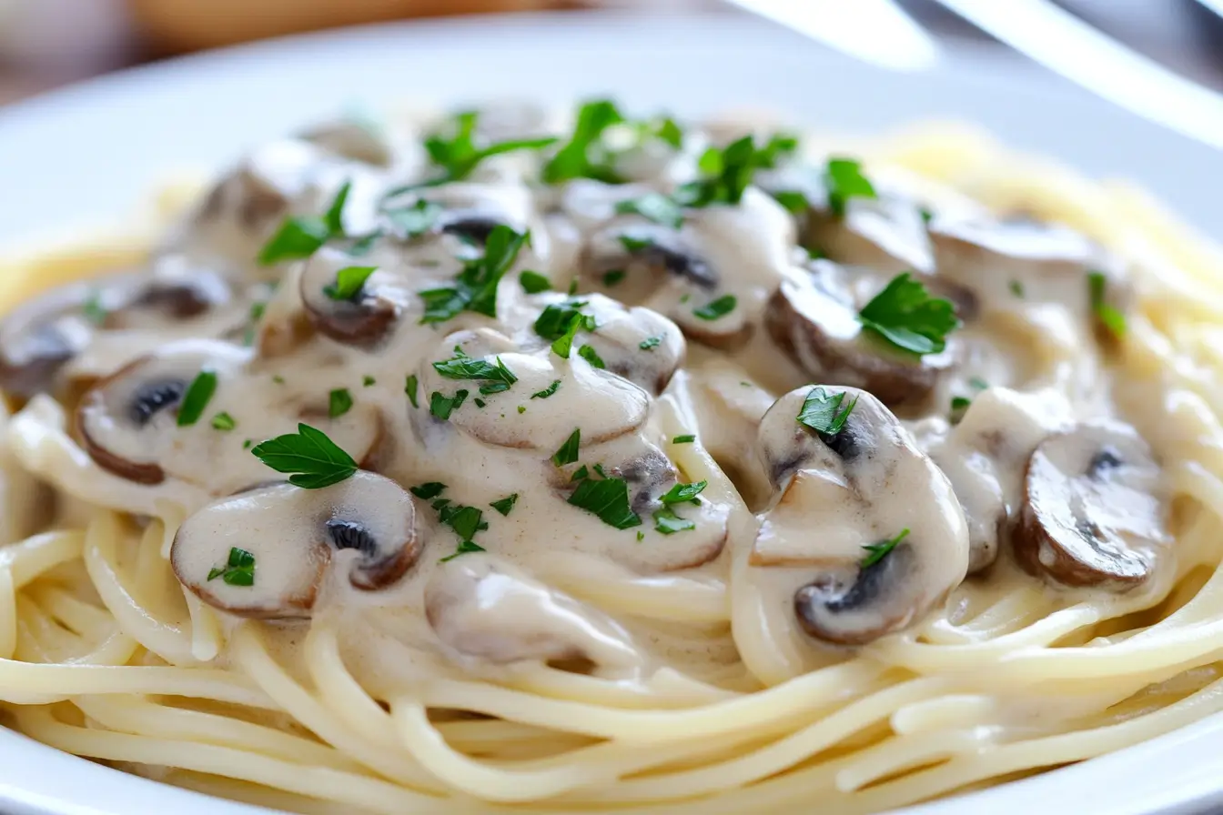 Creamy vegan mushroom stroganoff served over pasta.