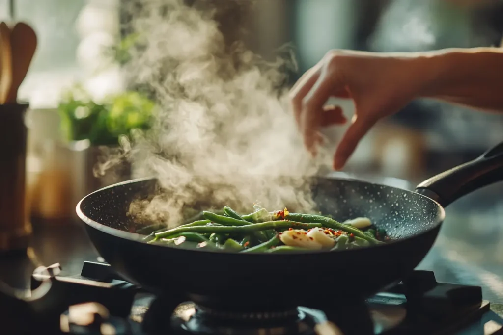 Green beans sautéed in a pan with garlic and red pepper flakes.