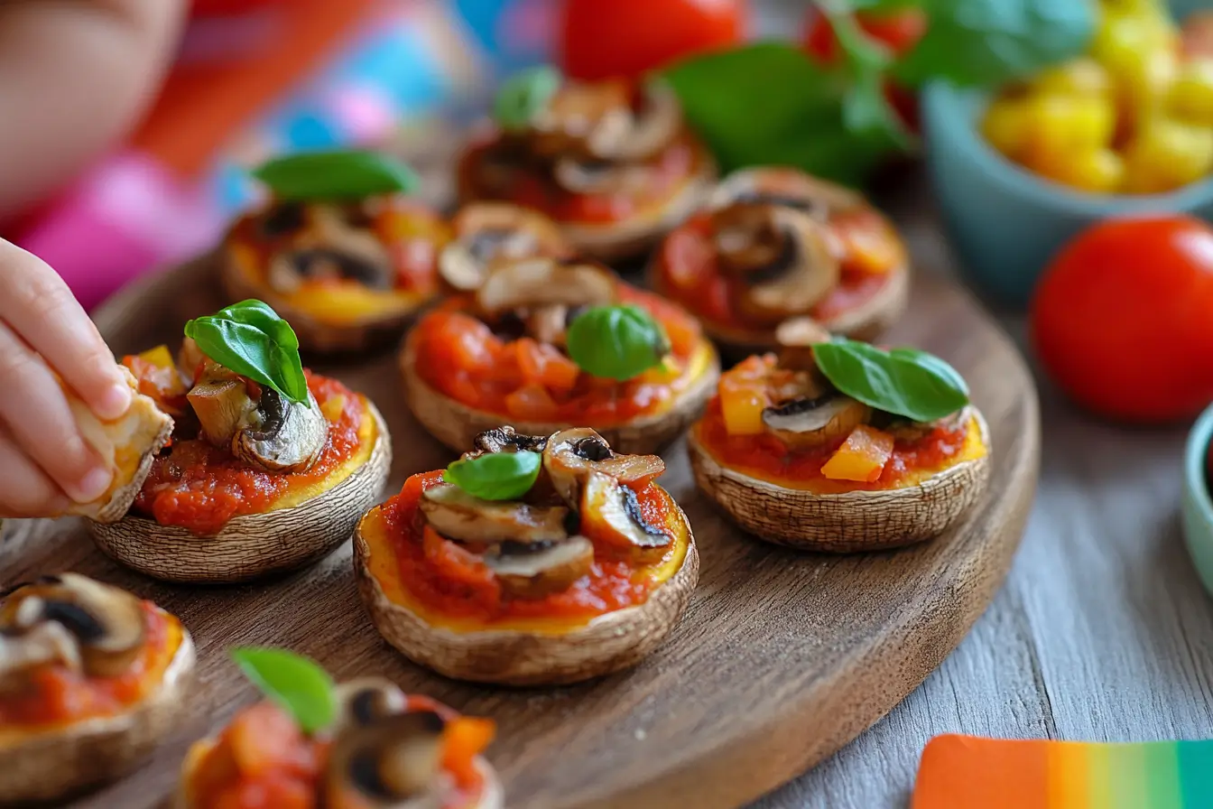 Mini mushroom pizzas with vegan cheese and tomato sauce.