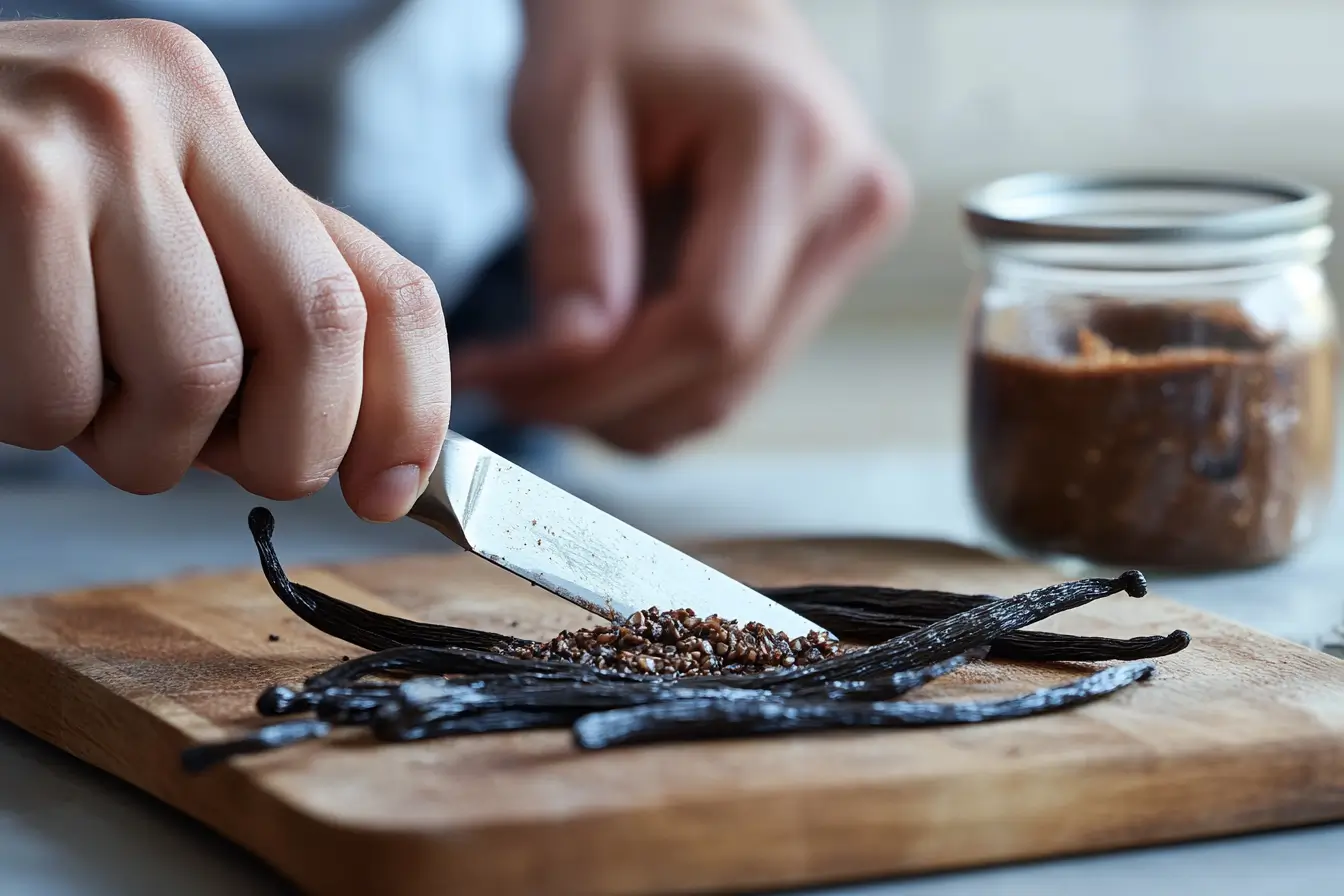 Scraping vanilla seeds from a bean with a knife on a cutting board.