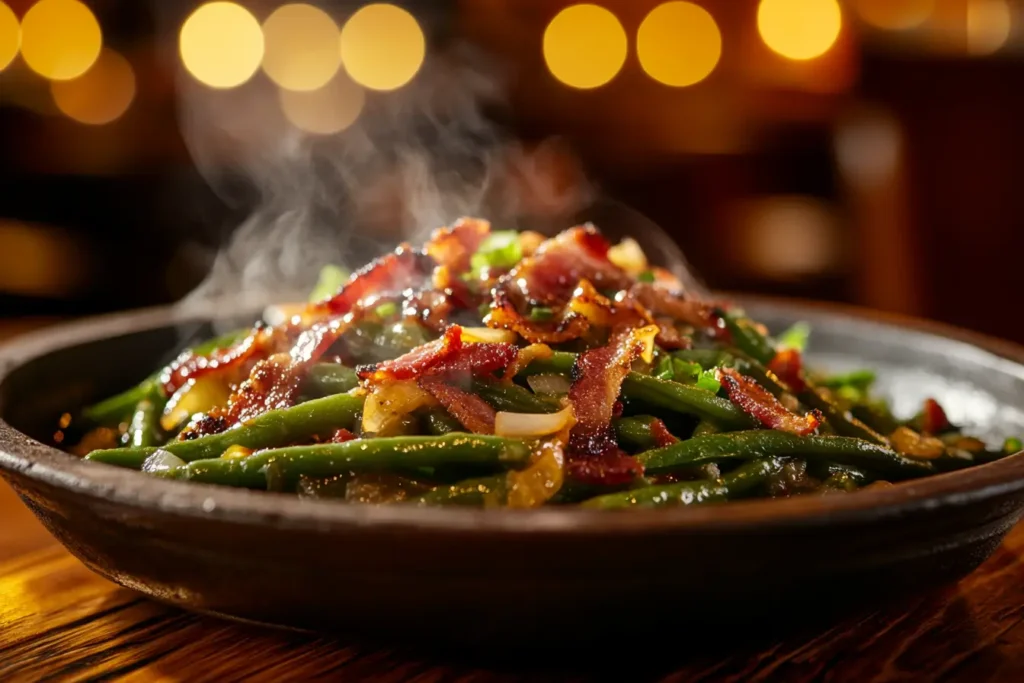 A dish of Texas Roadhouse-style green beans with bacon and onions.