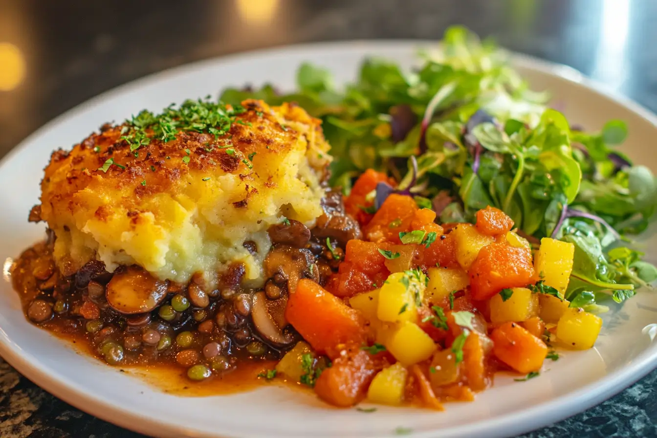  Vegan mushroom and lentil shepherd's pie with a crispy potato topping.