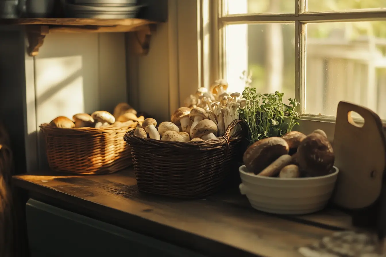Fresh mushrooms in a rustic kitchen setting, perfect for vegan recipes.