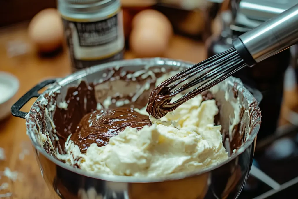 A mixing bowl with batter and a teaspoon of vanilla paste being added.