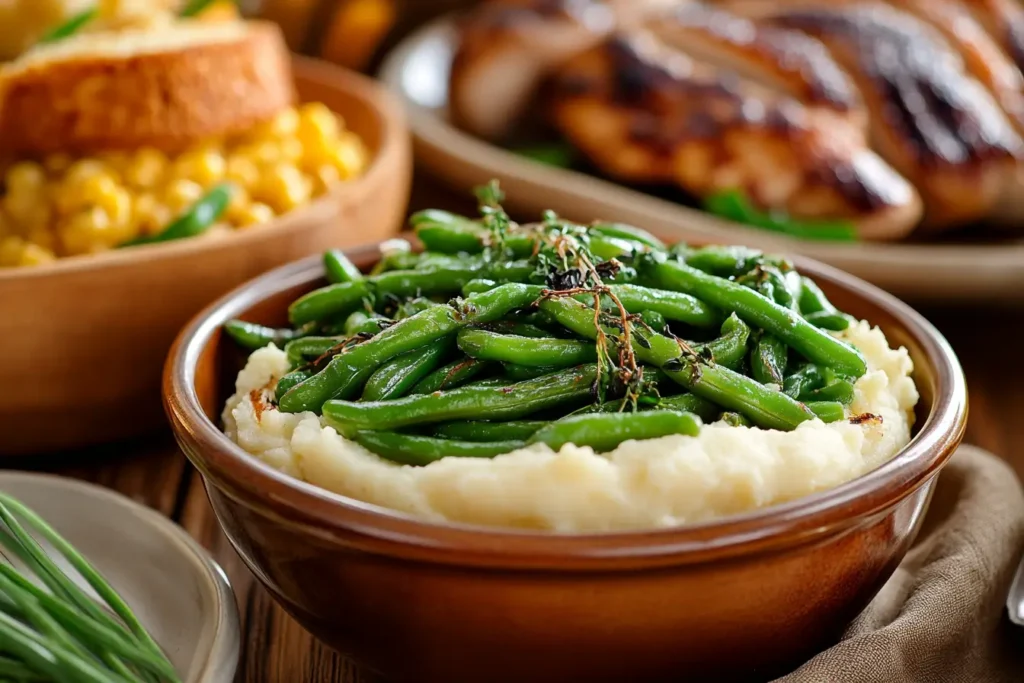 Texas Roadhouse green beans served with grilled chicken and sides.