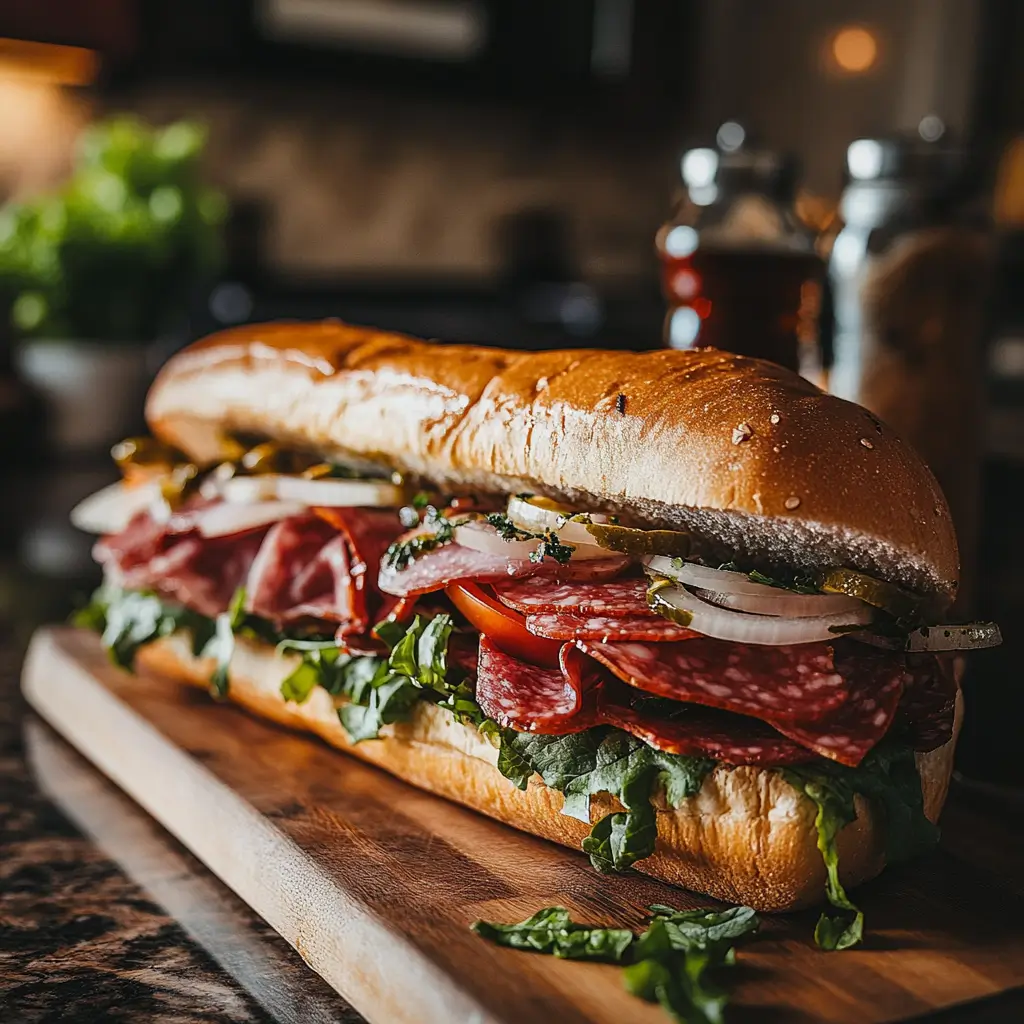 Freshly prepared Jersey Mike’s Italian Sub on a wooden cutting board