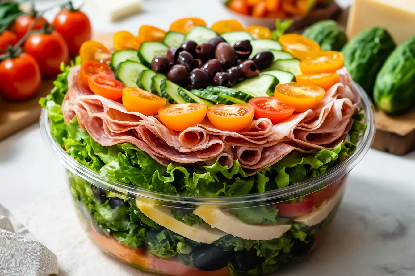 Breadless sub in a tub with fresh lettuce, meats, cheese, and veggies.