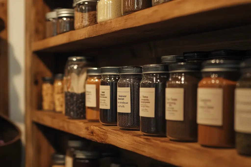 Airtight container of vanilla paste stored on a pantry shelf.