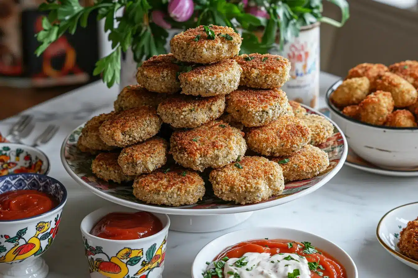  Crispy mushroom nuggets with dipping sauces on a colorful table.