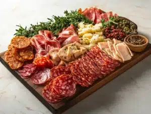 Deli meats used in Jersey Mike's Italian Sub arranged on a wooden platter