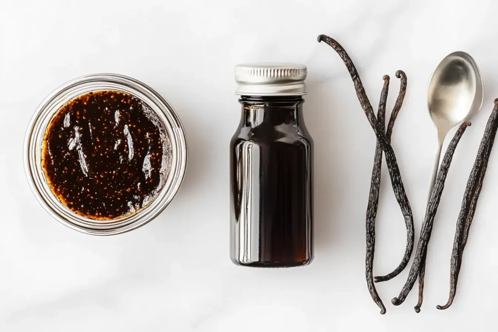 A jar of vanilla paste and a bottle of vanilla extract side by side.