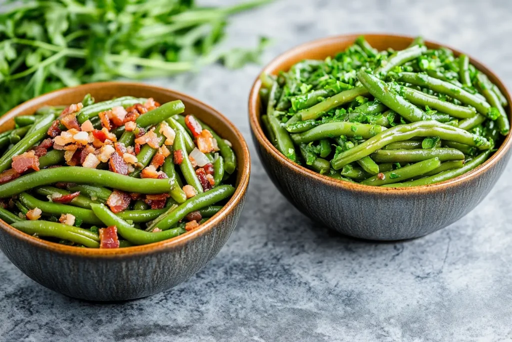 Texas Roadhouse-style green beans next to fresh sautéed green beans.