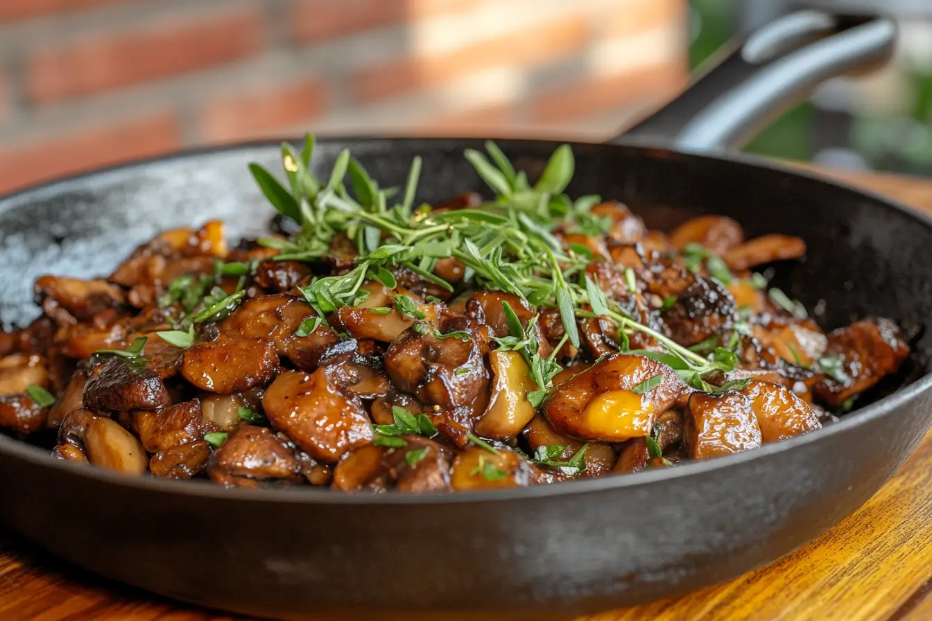 Sautéed shiitake and cremini mushrooms garnished with fresh herbs.