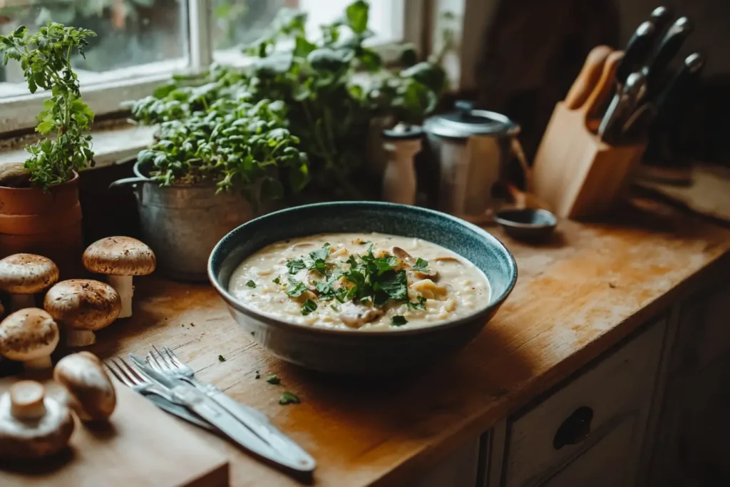 Vegan mushroom stroganoff served on a rustic table with fresh ingredients.