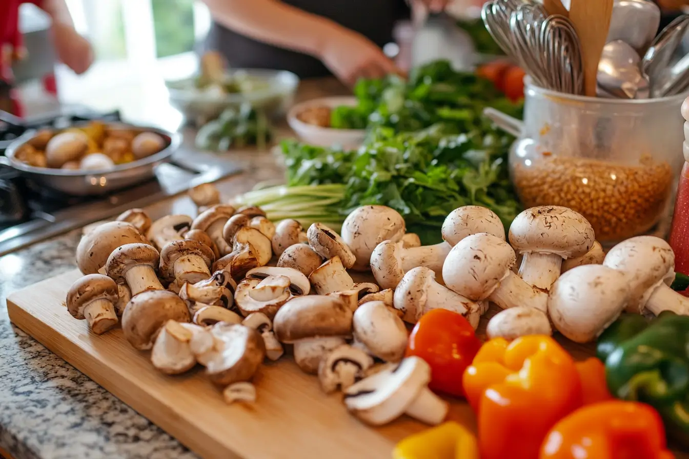Family preparing vegan mushroom recipes with fresh ingredients in a warm kitchen.
