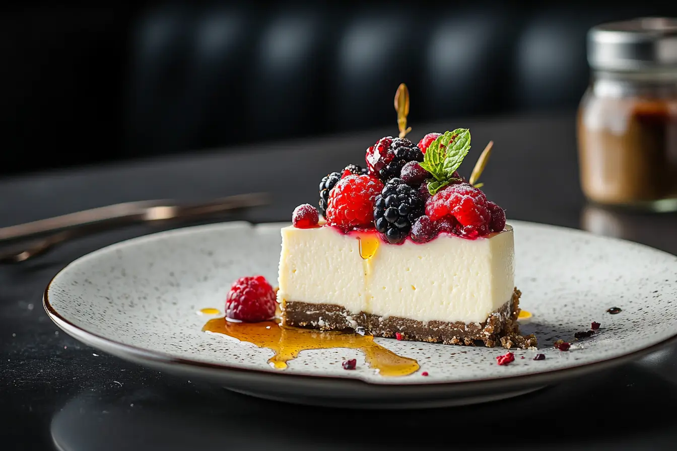 A slice of vanilla bean cheesecake with berries and syrup.
