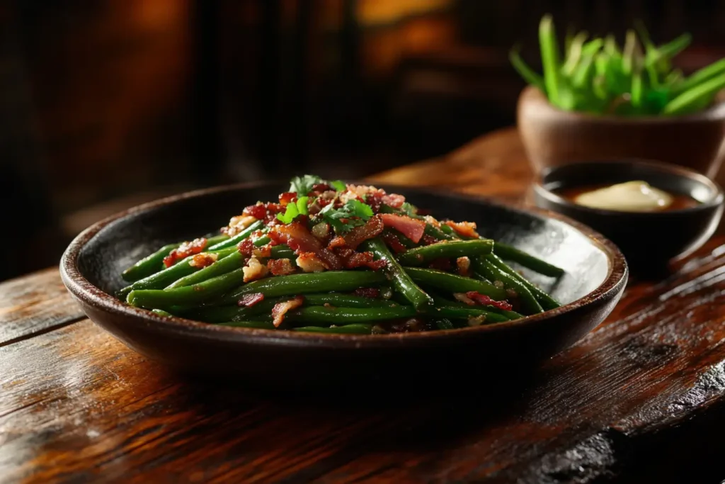 Plate of Texas Roadhouse green beans with crispy bacon.