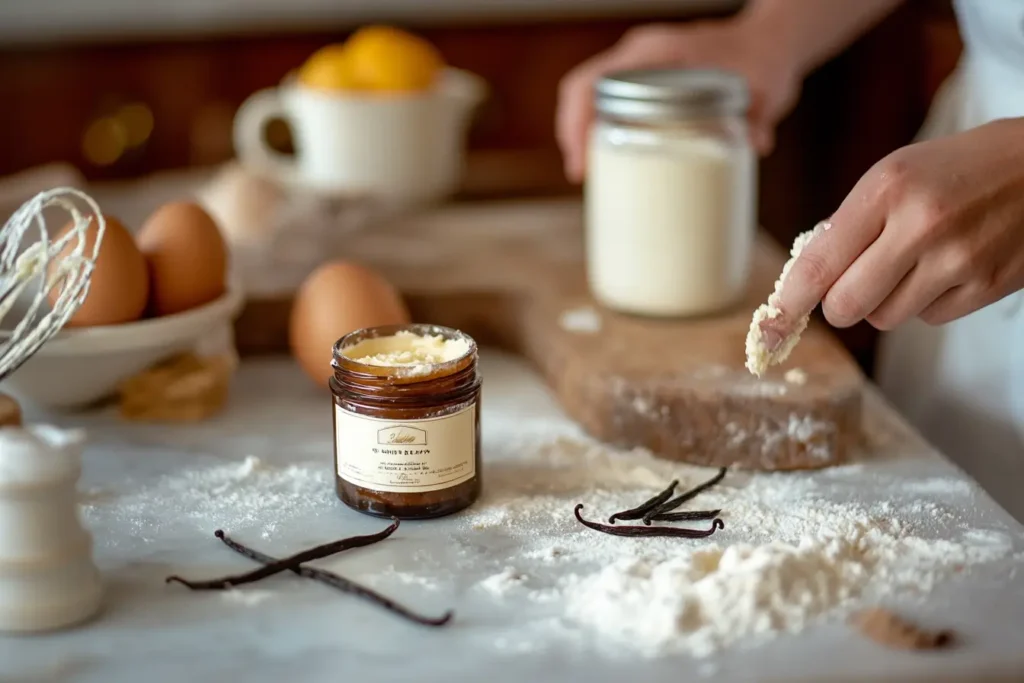 A baker using vanilla paste for a dessert recipe.