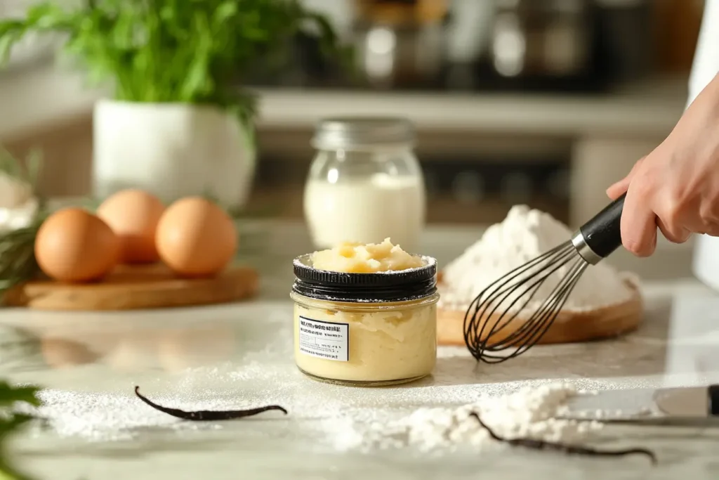 Jar of vanilla paste surrounded by vanilla beans and a mixing bowl