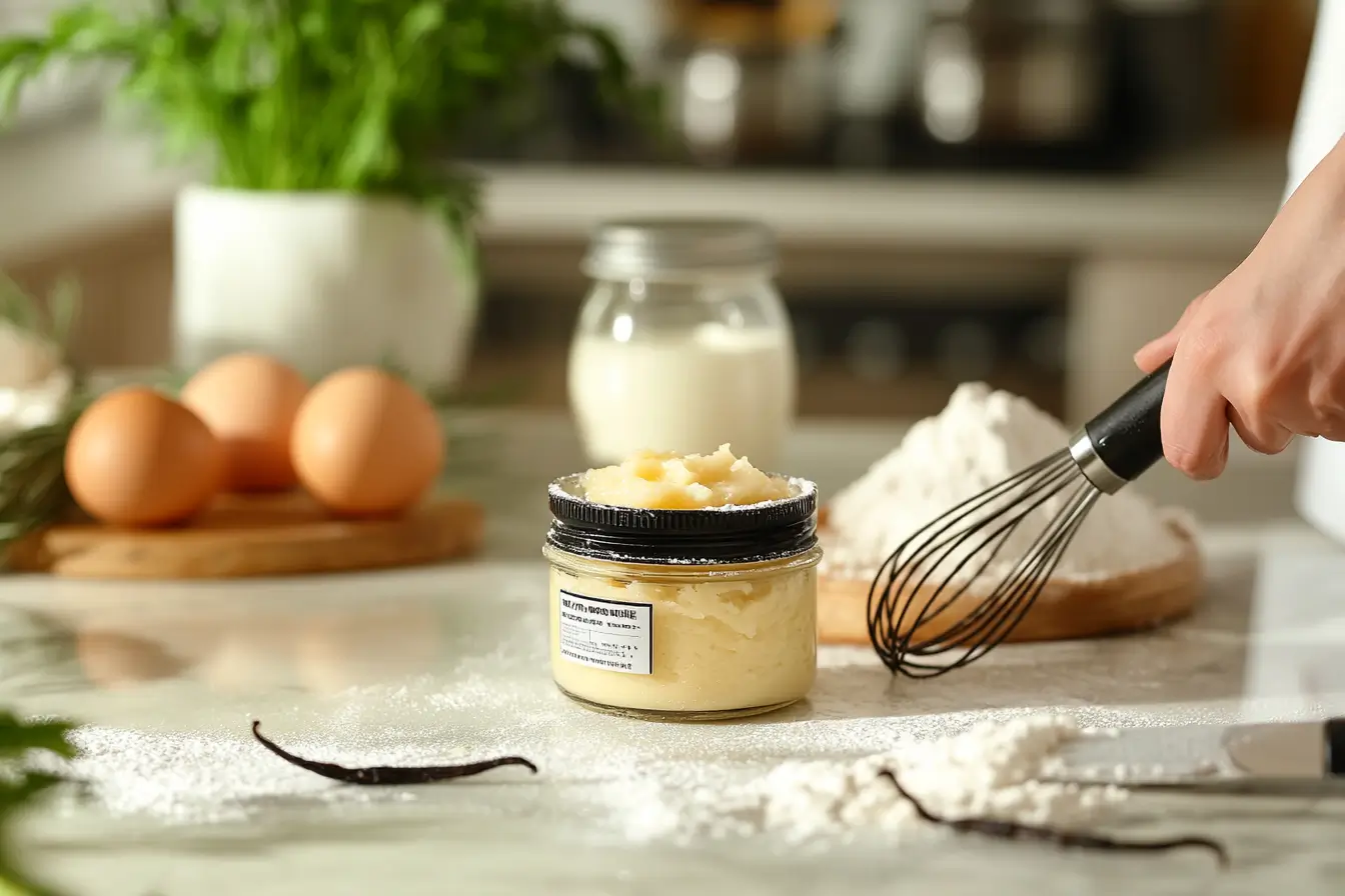 Jar of vanilla paste surrounded by vanilla beans and a mixing bowl