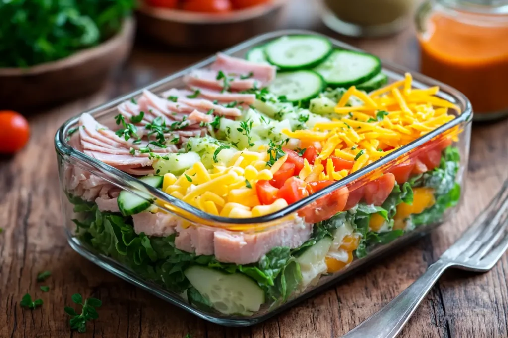 Low-carb sub in a tub with fresh ingredients like lettuce, meats, and veggies.
