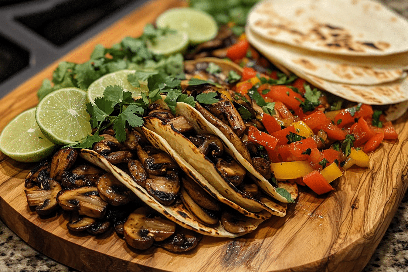 Vegan mushroom tacos with sautéed mushrooms, bell peppers, and lime wedges.