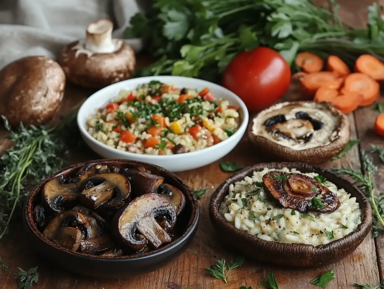 A vibrant spread of vegan mushroom recipes on a rustic table