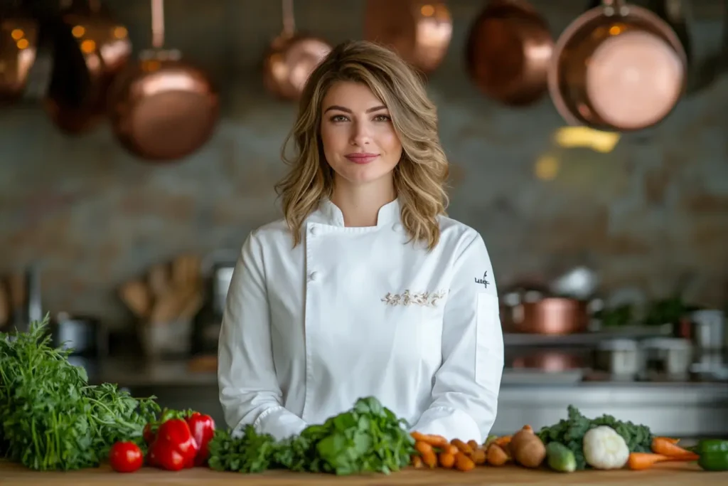 Chef Luhna Greensfield in a modern rustic kitchen, wearing a white chef's coat, standing behind a table with fresh herbs and vegetables. 