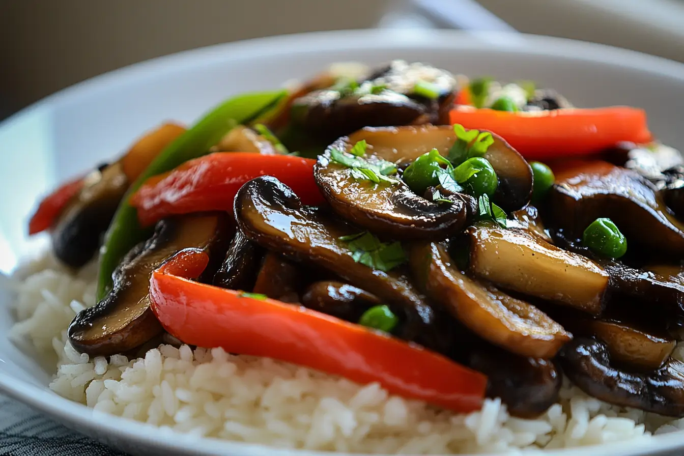 Asian-inspired vegan mushroom stir-fry with colorful vegetables