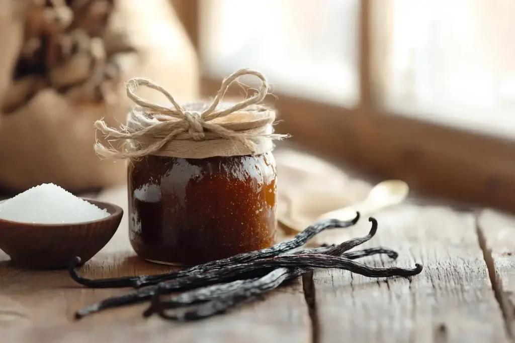 Homemade vanilla paste jar with ingredients on a rustic table.