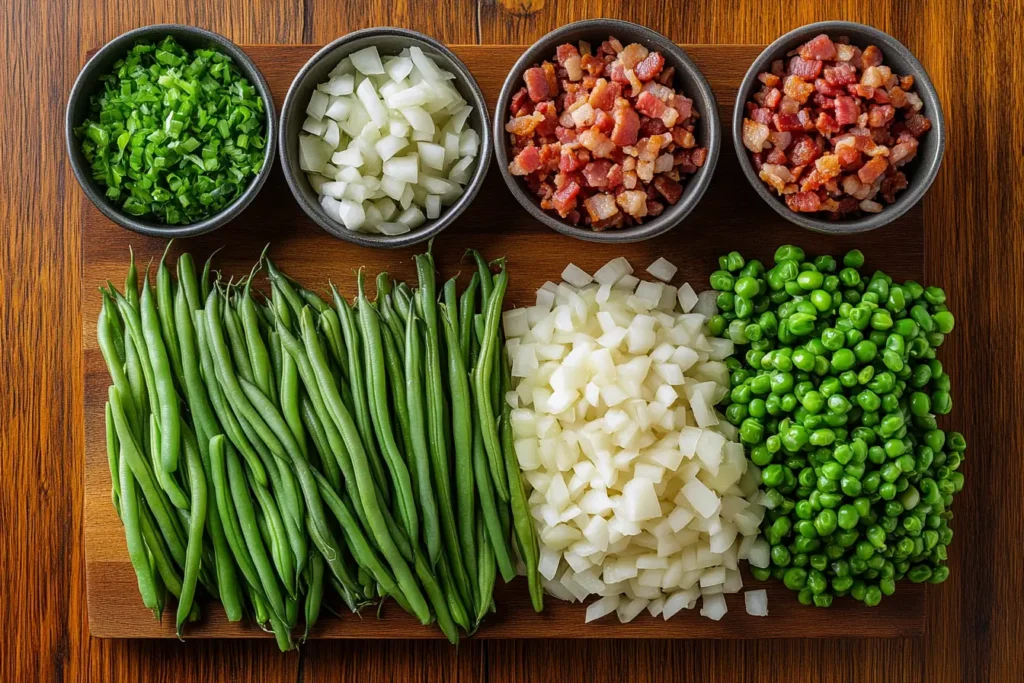 Fresh, frozen, and canned green beans with recipe ingredients.