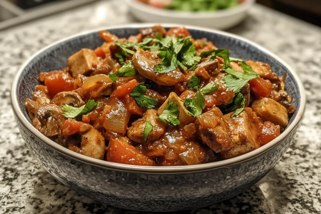 Vegan mushroom stroganoff served with fresh parsley on a rustic table