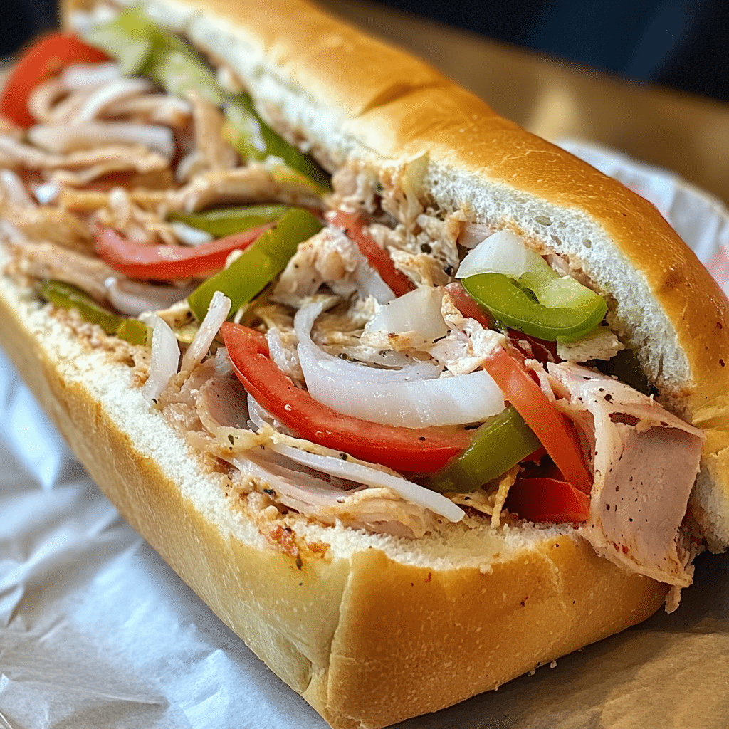 A freshly prepared deli-style sandwich filled with sliced turkey, ham, bell peppers, onions, and tomatoes, served in a soft sub roll
