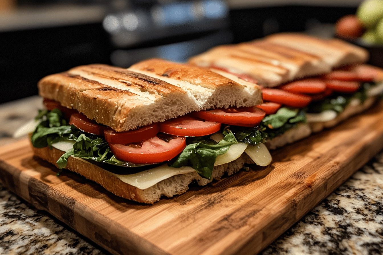 A close-up of a freshly prepared sandwich with layers of fresh spinach, sliced tomatoes, and melted cheese between golden toasted bread on a wooden cutting board.