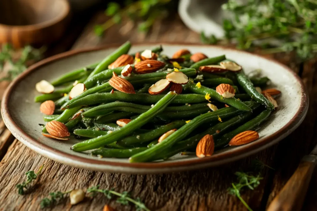Roasted green beans garnished with almonds and lemon zest.