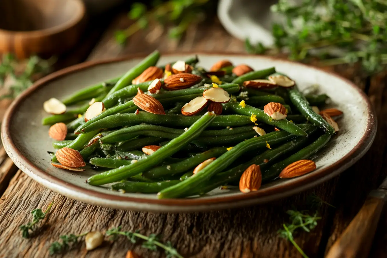 Roasted green beans garnished with almonds and lemon zest.
