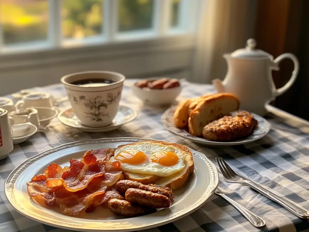 An English breakfast meal with eggs, bacon, and tea.