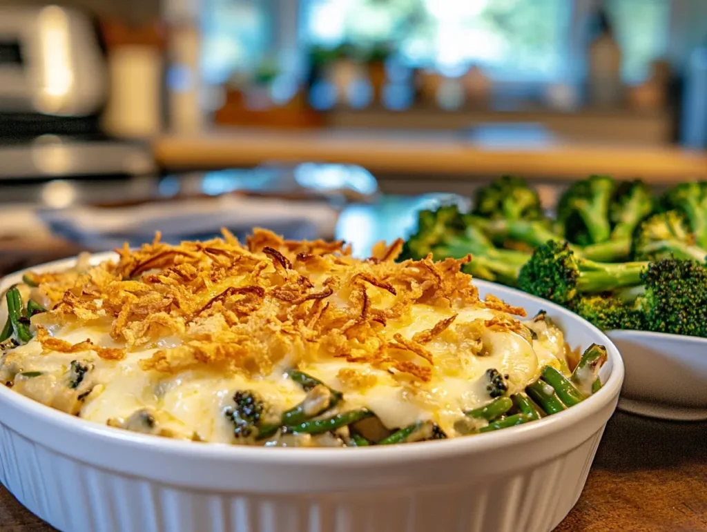  Green bean casserole with cheese topping.