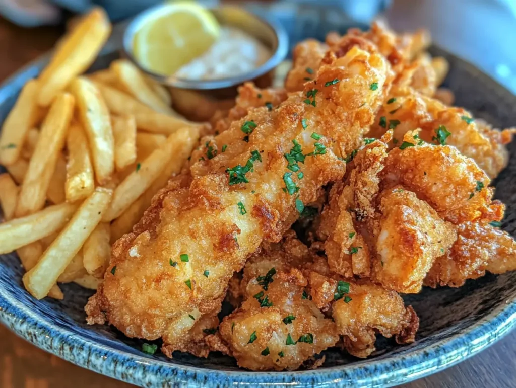 Golden-brown battered fish served with fries and lemon wedges.