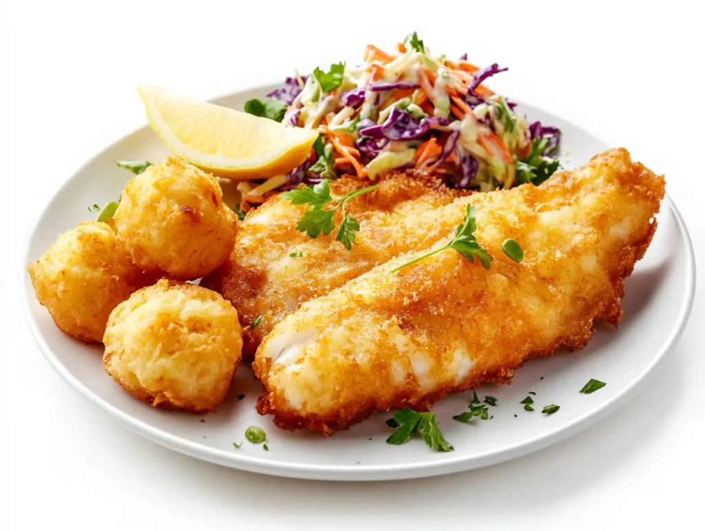 Plate of golden crispy fried fish fillets with hush puppies and coleslaw.