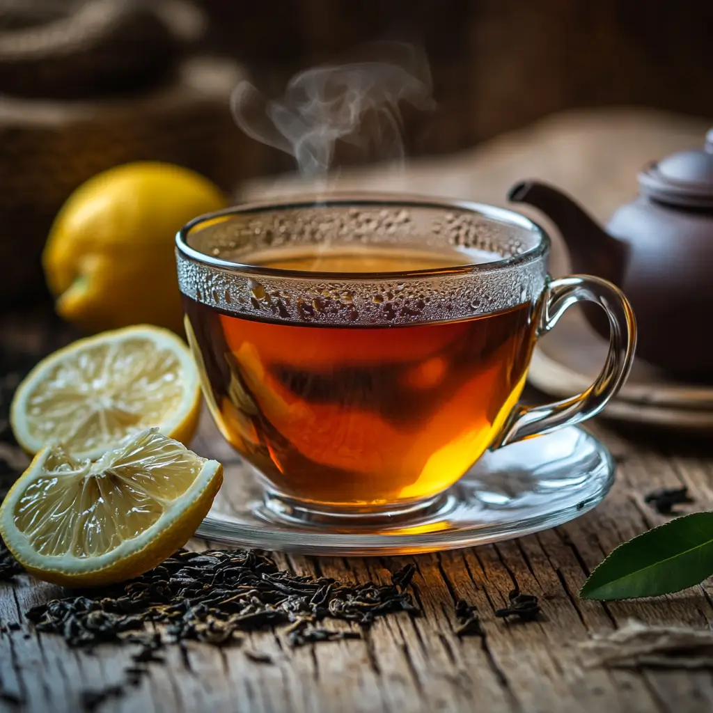 A warm cup of English Breakfast tea with steam rising.
