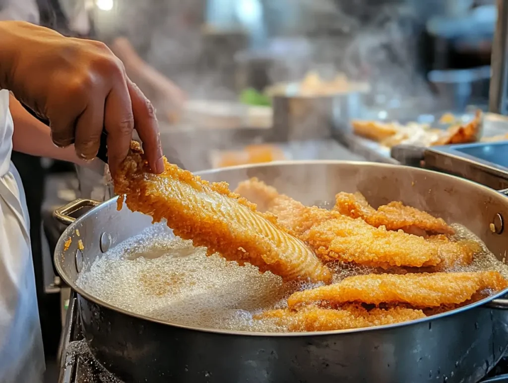 Chef dipping a fish fillet into batter near hot frying oil.