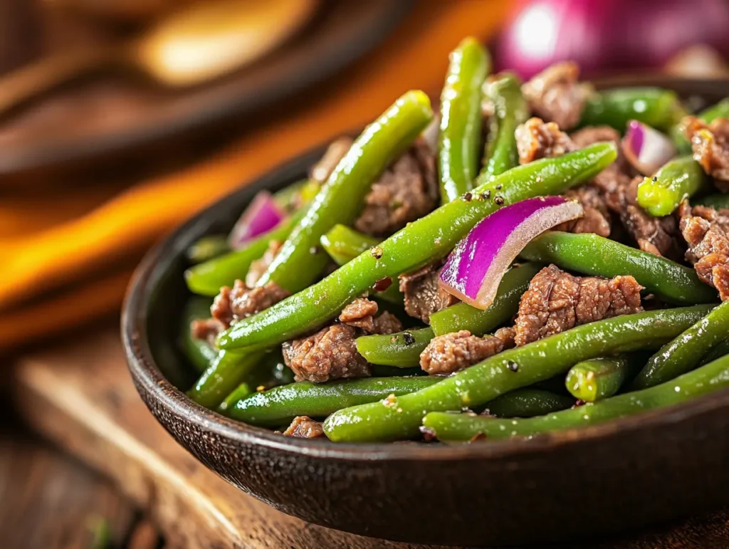 Close-up of a bowl of Texas Roadhouse-style green beans with bacon and onions on a rustic wooden table.