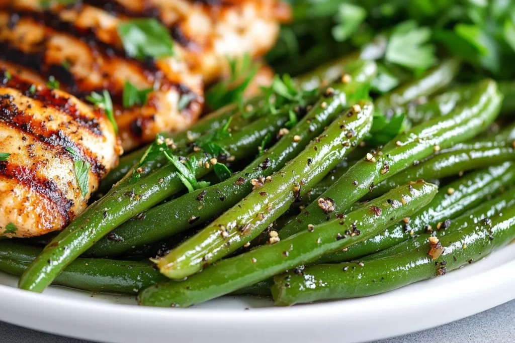  Homemade keto green beans paired with grilled chicken.