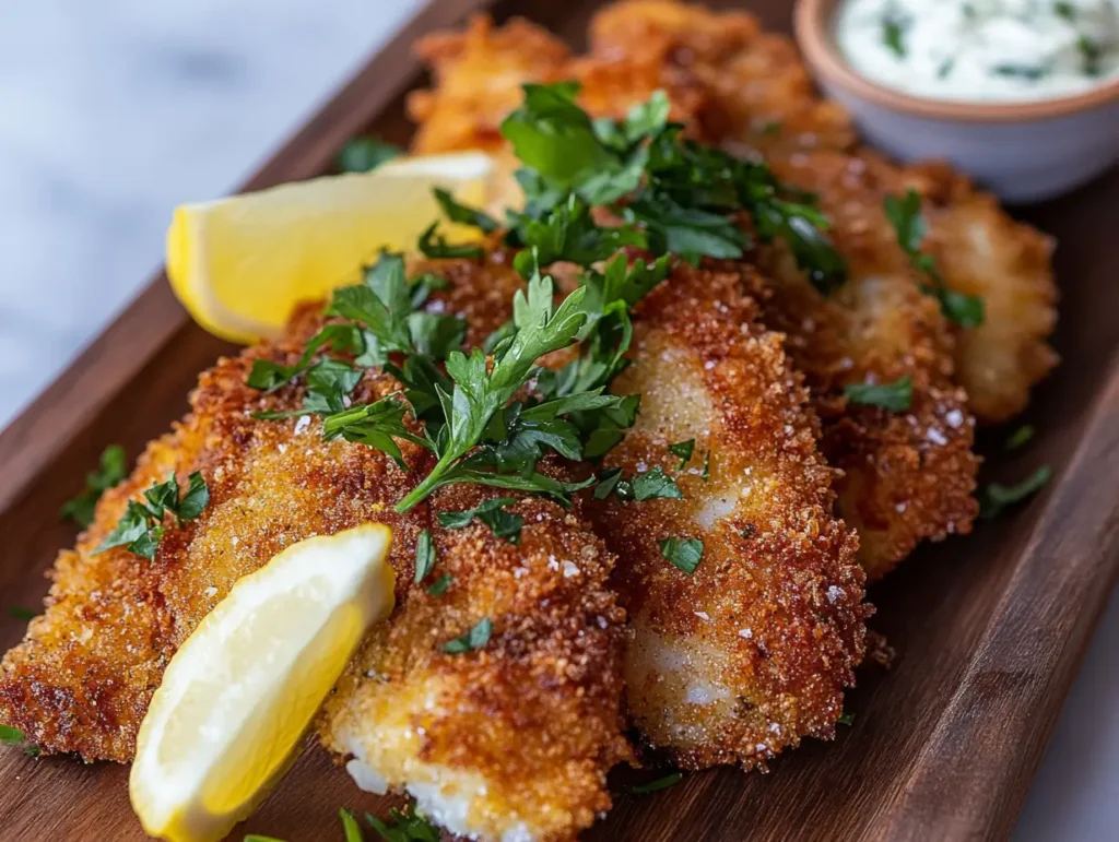 Golden brown battered fish served with tartar sauce and lemon